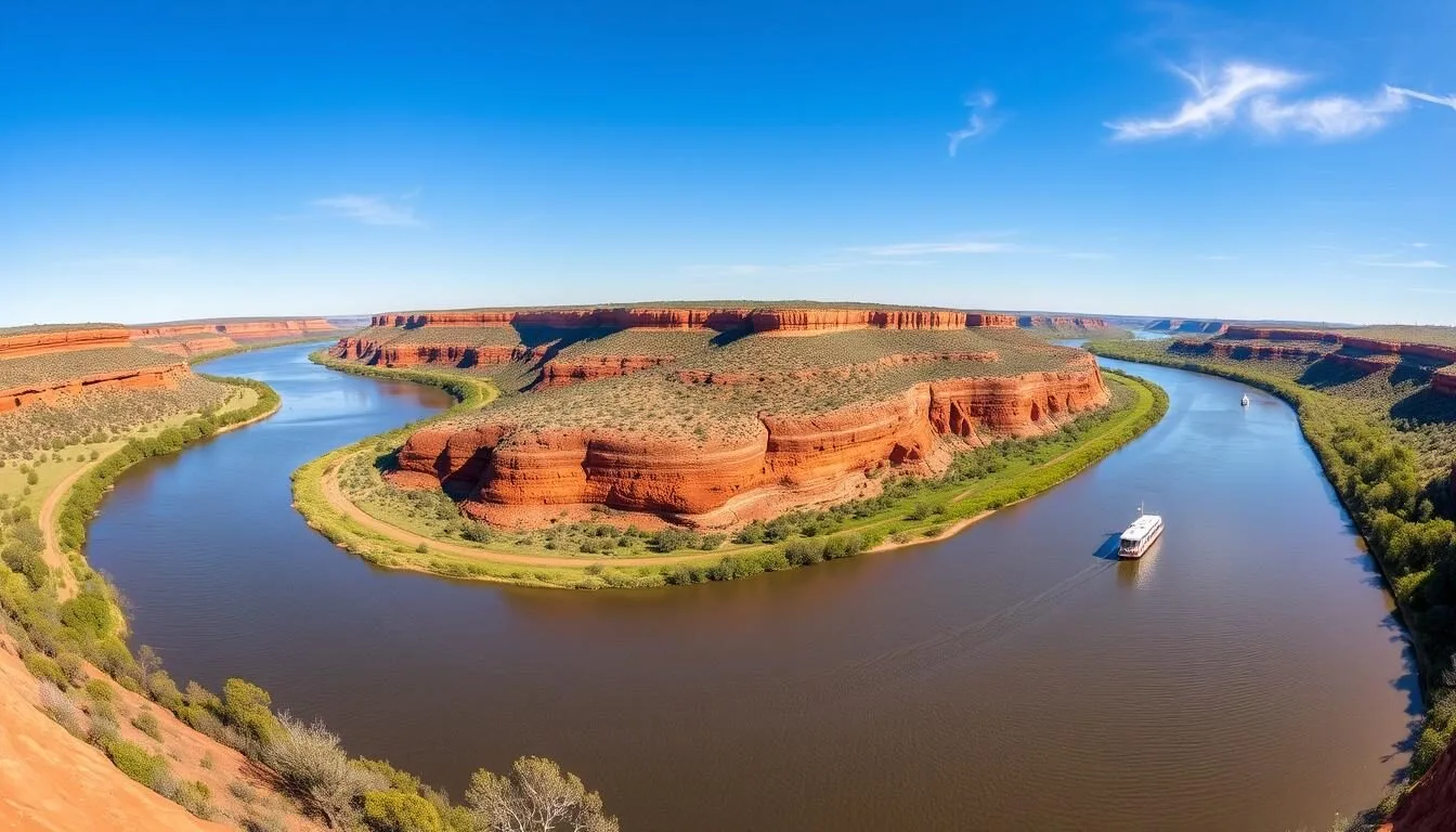 Panoramic view of the Murray River winding through the Murraylands Region South Australia with houseboats and cliffs