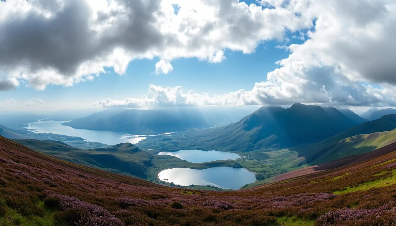 Panoramic view of the Scottish Highlands with mountains, lochs and heather in bloom - Scottish Highlands, Scotland best things to do