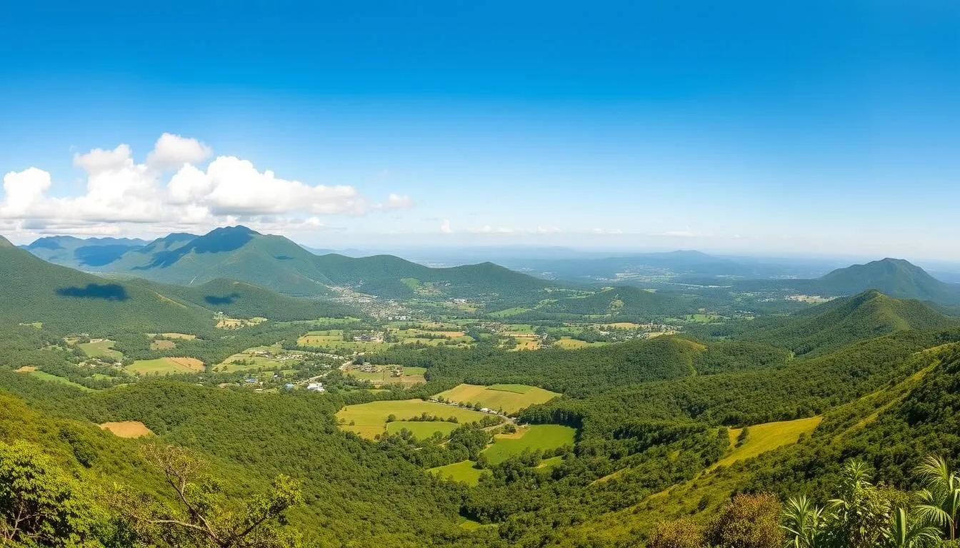 Panoramic view of the lush Atherton Tablelands landscape with rolling green hills and farmland