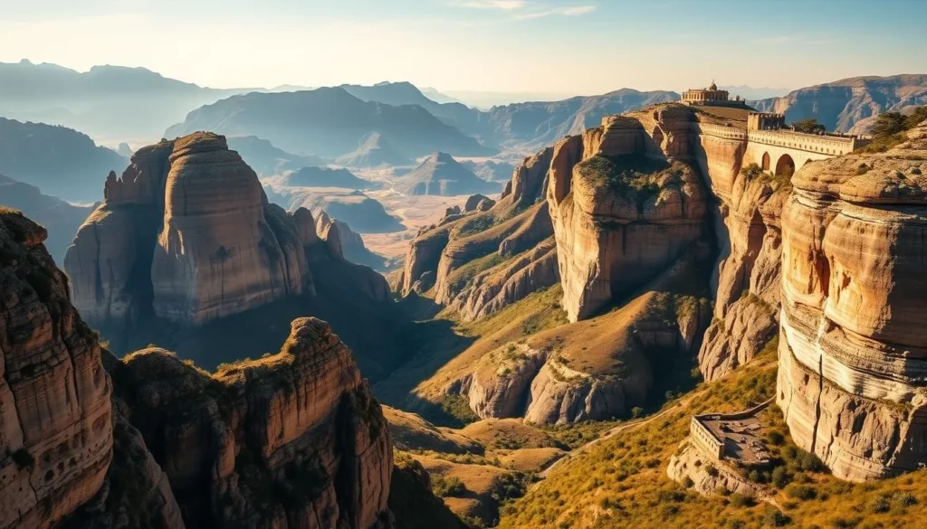 Panoramic views of the iconic sandstone rock formations in Meteora, Greece, bathed in warm, golden sunset light. The towering cliffs and ancient monasteries perched atop them create a dramatic, otherworldly landscape. Capture the scene from a vantage point that showcases the scale and grandeur of this UNESCO World Heritage site, with the rugged peaks and valleys stretching out across the horizon. Use a wide-angle lens to convey the sweeping, cinematic feel of the vista, and emphasize the interplay of light and shadow that gives the scene depth and atmosphere. The overall mood should be one of awe and tranquility, inviting the viewer to imagine experiencing this breathtaking natural wonder at the golden hour.
