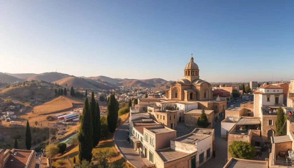 Panoramic vistas of Nazareth's ancient cityscape, bathed in golden sunlight. Rolling hills dotted with olive groves and cypress trees form the tranquil backdrop. In the foreground, the iconic Church of the Annunciation stands tall, its ornate Byzantine architecture gleaming. Narrow cobblestone streets wind through the old quarter, flanked by whitewashed buildings and bustling markets. Capture the timeless essence of this sacred city, framed by a wide-angle lens that showcases its picturesque splendor in a single breathtaking vista.