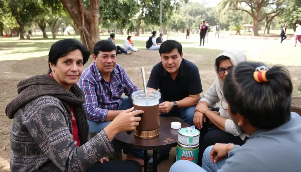 Paraguayans sharing traditional tereré drink in a park setting Paraguayans sharing traditional tereré drink in a park setting