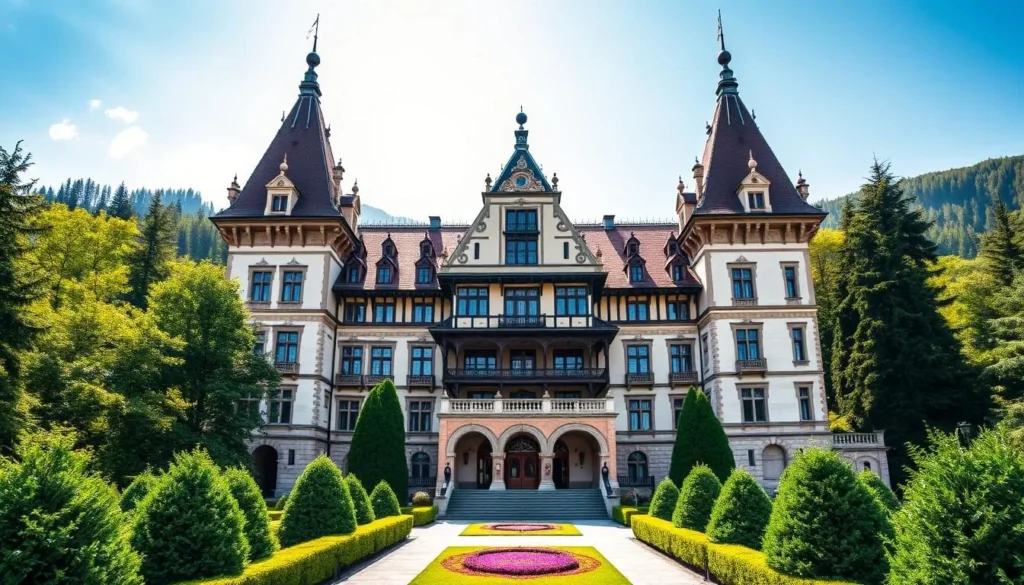 Peleș Castle with its Neo-Renaissance architecture surrounded by forest in Sinaia, Romania Peleș Castle with its Neo-Renaissance architecture surrounded by forest in Sinaia, Romania