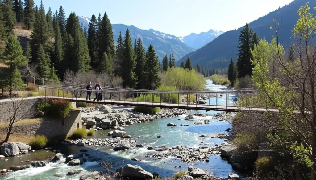 People crossing the Spring Creek suspension bridge over the Methow River in Winthrop with mountain views and wildlife