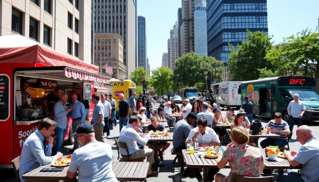 People eating street food at outdoor tables near food trucks in Washington DC