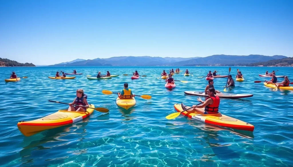 People enjoying kayaking and stand-up paddleboarding on the calm waters of Lake Jindabyne, New South Wales best things to do People enjoying kayaking and stand-up paddleboarding on the calm waters of Lake Jindabyne, New South Wales best things to do