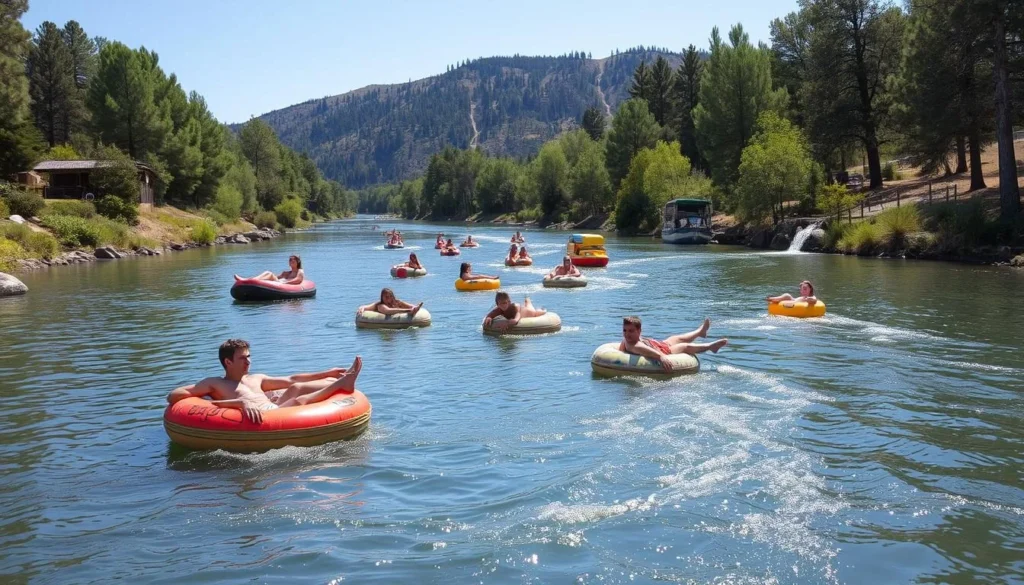 People floating on the Boise River in Eagle Idaho on a sunny summer day
