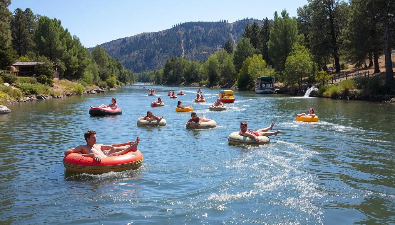People floating on the Boise River in Eagle Idaho on a sunny summer day
