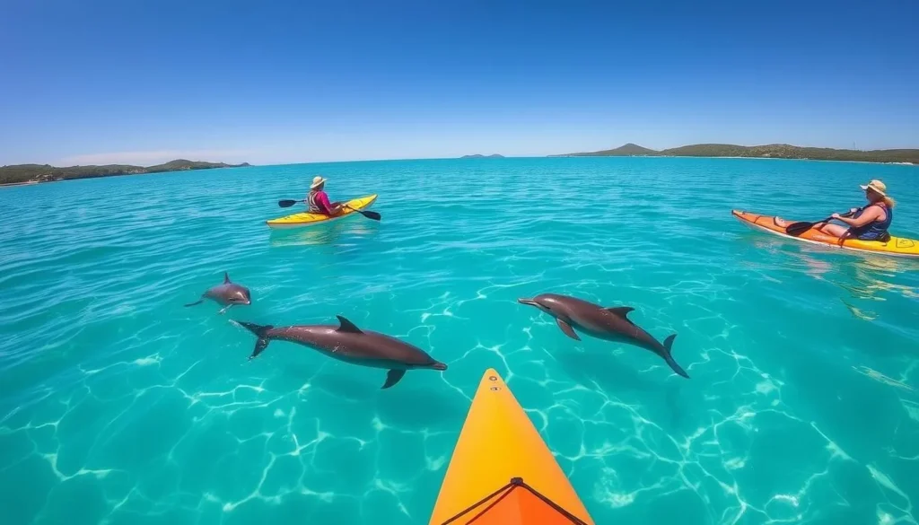 People kayaking in the clear waters of Port Stephens with dolphins swimming nearby People kayaking in the clear waters of Port Stephens with dolphins swimming nearby