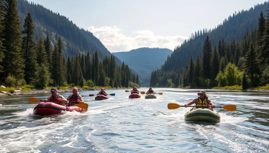 People rafting and kayaking on the Methow River near Winthrop on a sunny summer day with forested riverbanks