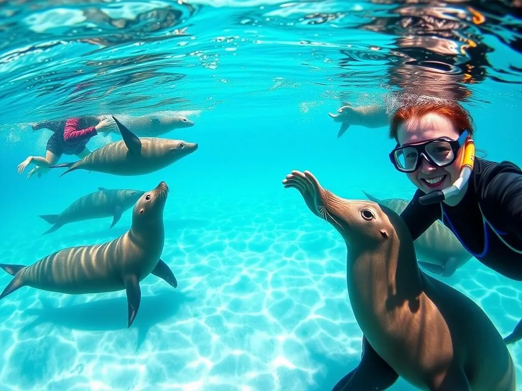 People swimming with playful sea lions near Hopkins Island on the Eyre Peninsula South Australia things to do People swimming with playful sea lions near Hopkins Island on the Eyre Peninsula South Australia things to do