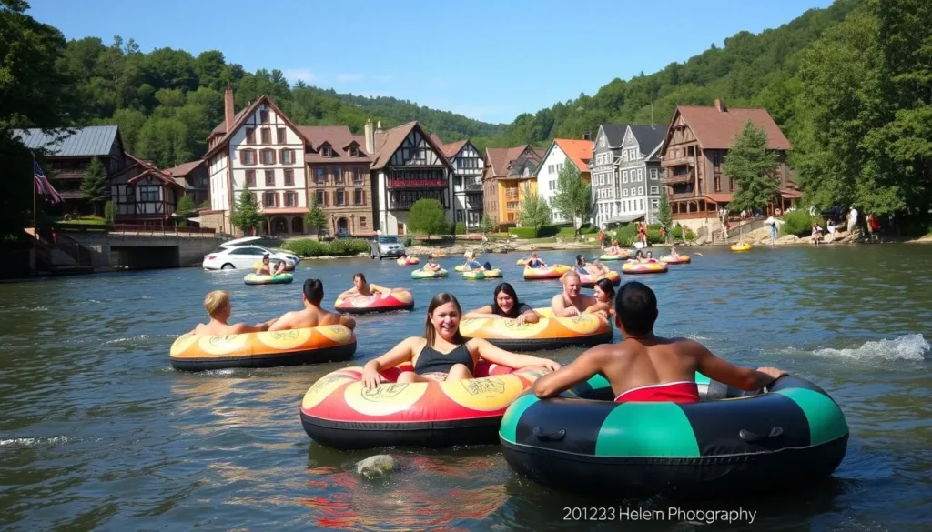 People tubing down the Chattahoochee River in Helen Georgia on a sunny day