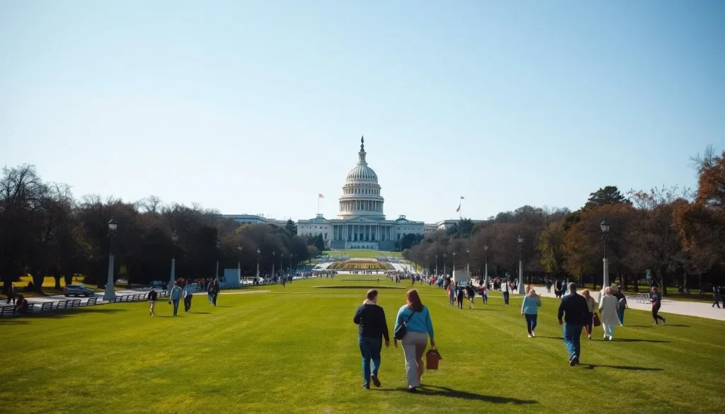 People walking along the National Mall with the Washington Monument and Capitol building visible