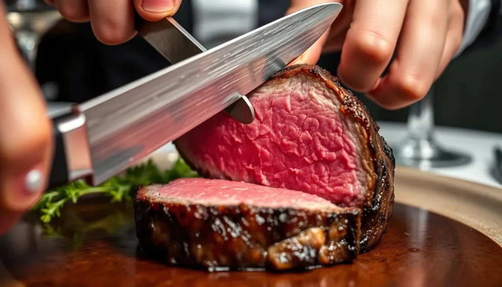 Person cutting into a perfectly cooked medium-rare steak