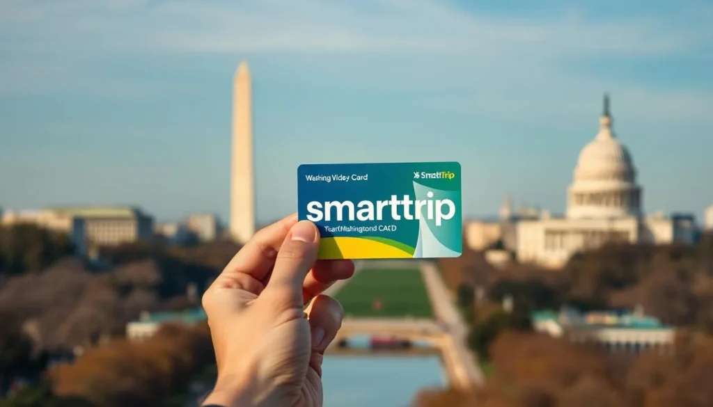 Person holding a Washington DC SmarTrip card with monuments in the background