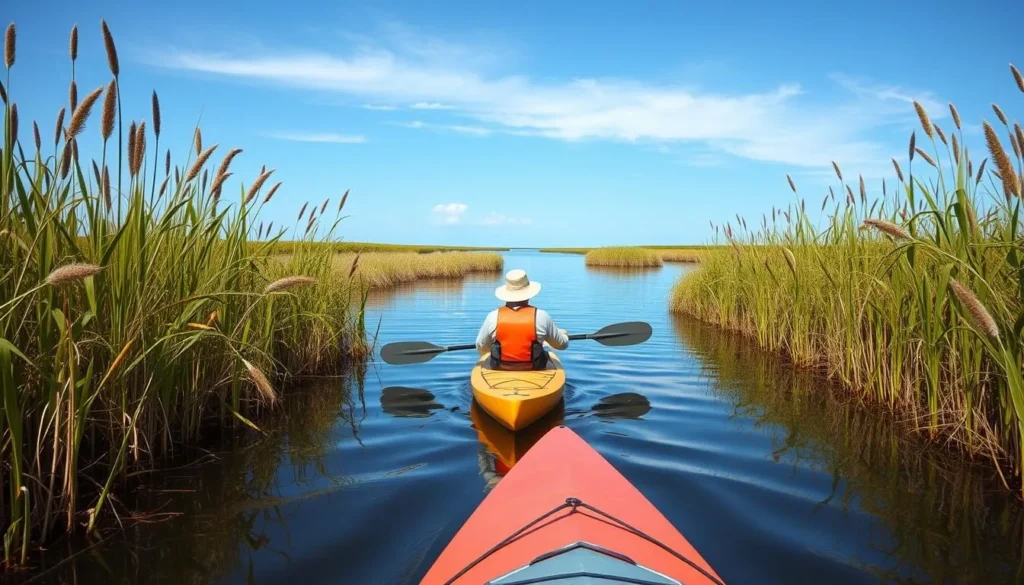 Person kayaking through the tidal marshes surrounding Cedar Key with birds flying overhead