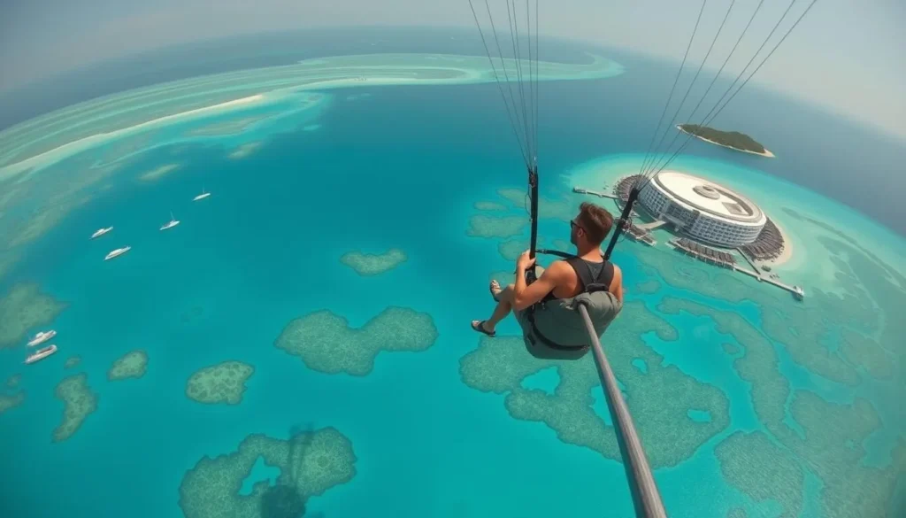 Person parasailing over Maldives lagoon with aerial view of resort
