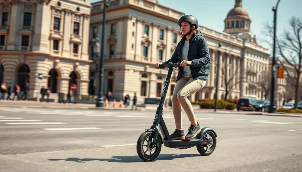 Person riding an electric scooter on a Washington DC street with historic buildings in the background