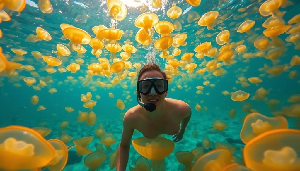 Person snorkeling among thousands of golden stingless jellyfish in Jellyfish Lake, Palau Person snorkeling among thousands of golden stingless jellyfish in Jellyfish Lake, Palau