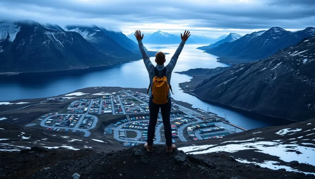 Person standing on viewpoint overlooking Longyearbyen and fjord, Svalbard and Jan Mayen things to do Person standing on viewpoint overlooking Longyearbyen and fjord, Svalbard and Jan Mayen things to do
