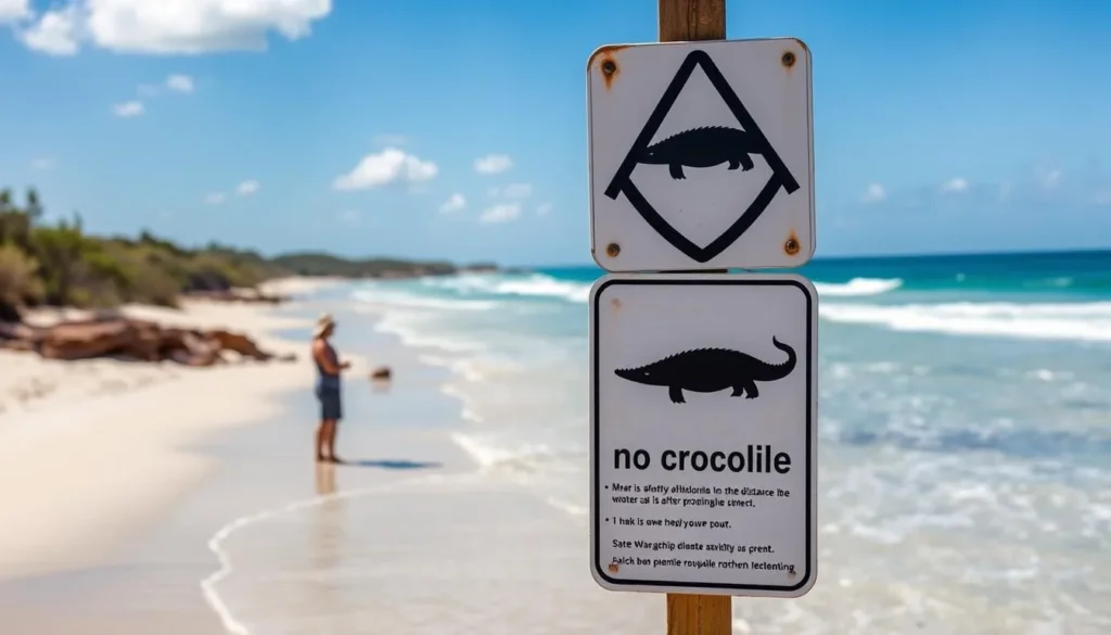 Person standing safely at Dundee Beach with crocodile warning sign visible