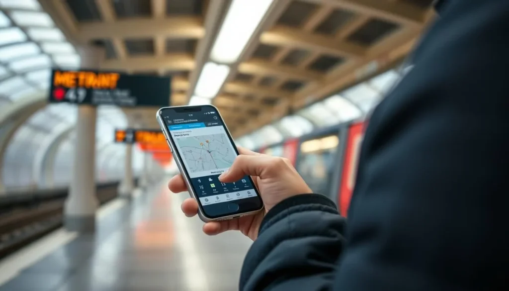 Person using a transit app on smartphone to navigate Washington DC public transportation