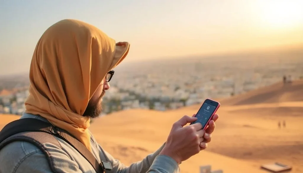 Person using mobile phone in Dakhla with city view in background Person using mobile phone in Dakhla with city view in background