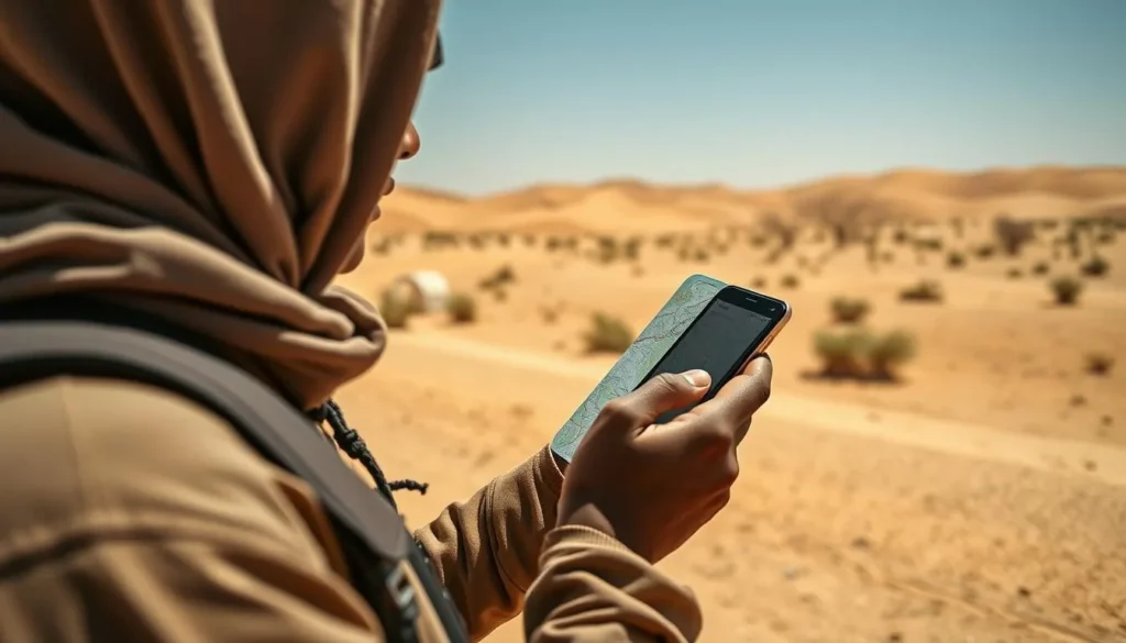 Person using mobile phone in Mauritania with desert landscape in background Person using mobile phone in Mauritania with desert landscape in background