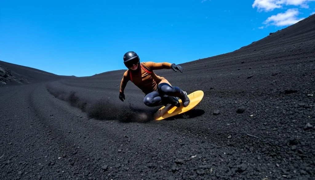 Person volcano boarding down the black slopes of Cerro Negro volcano in Nicaragua