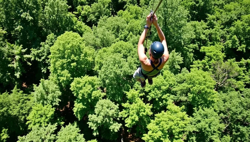 Person zip-lining through the forest canopy near Helen Georgia