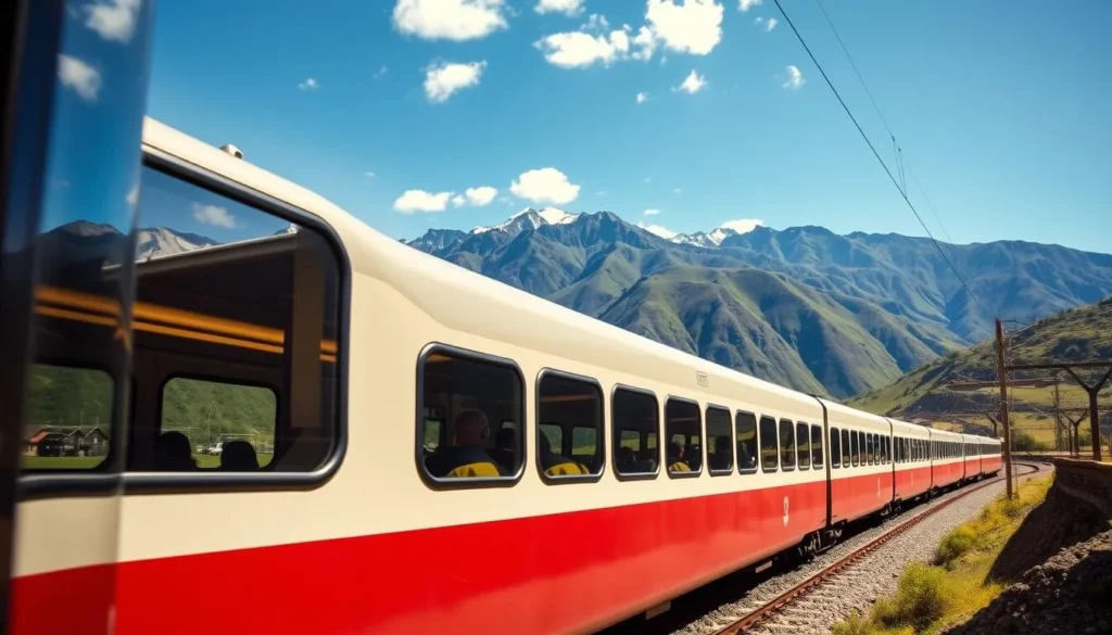 Peru Rail train traveling through the Sacred Valley with mountains in the background Peru Rail train traveling through the Sacred Valley with mountains in the background