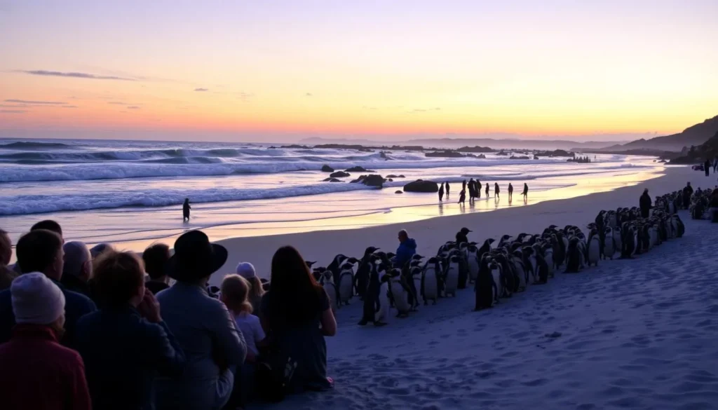 Phillip Island Penguin Parade at dusk with a crowd watching the penguins emerge from the ocean