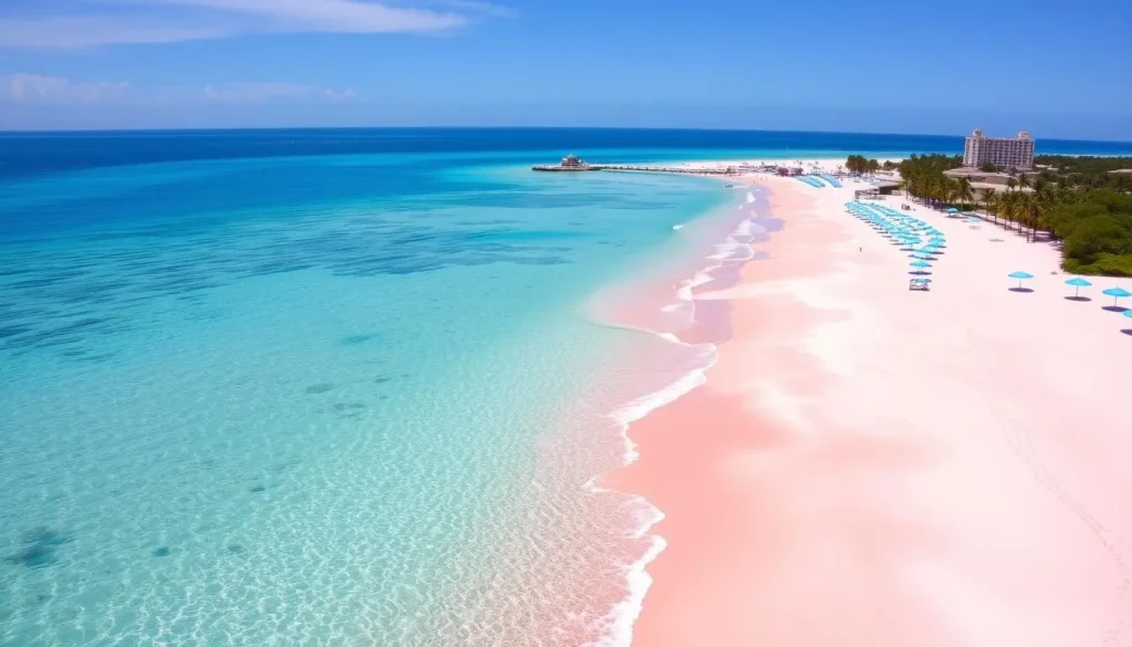 Picture a three-mile stretch of pink sand beach with crystal-clear waters, beach umbrellas, and a picturesque harbor in the background.