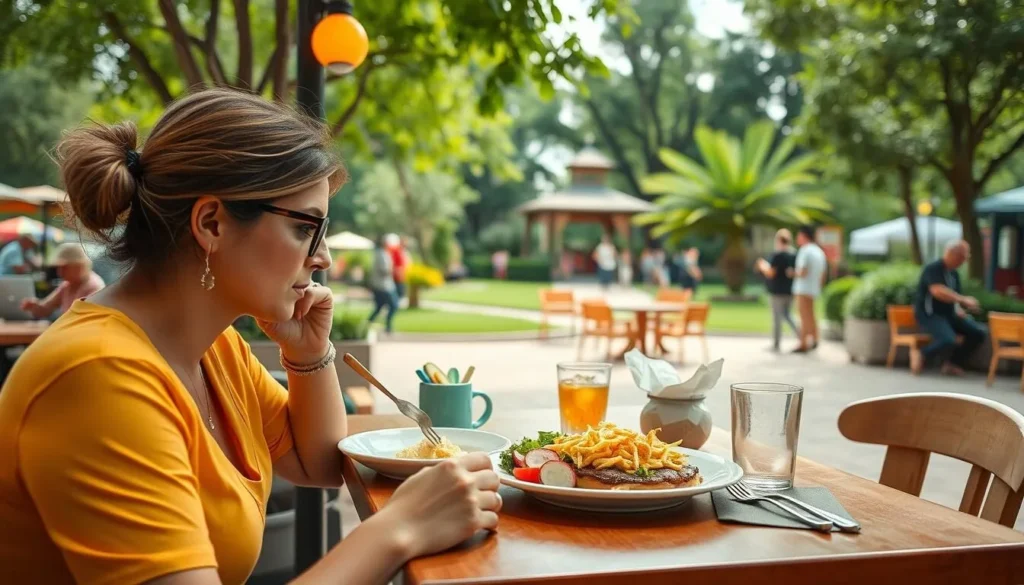 Picture yourself enjoying a meal at a café within a bustling park.