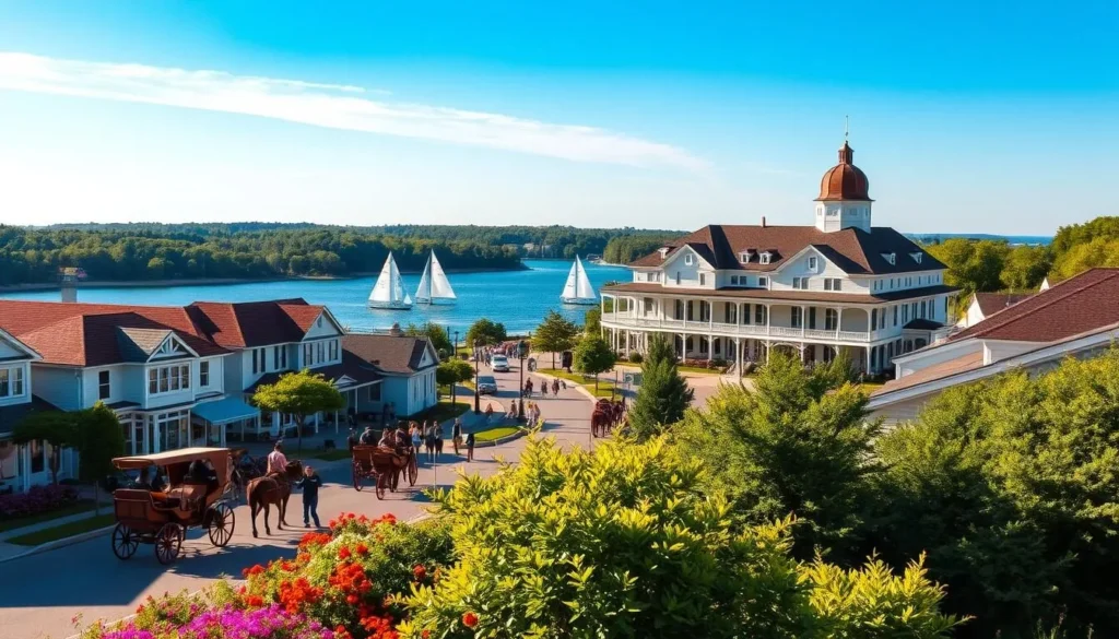 Picturesque Mackinac Island in summertime, sun-dappled and serene. A charming Victorian-era town nestled between rolling hills and the sparkling waters of Lake Huron. Horse-drawn carriages trot along the quaint main street, passing by historic landmarks and boutiques. In the distance, the iconic Grand Hotel stands majestically, its iconic porch and cupola shimmering in the warm afternoon light. Sailboats glide across the tranquil harbor, their white sails billowing in the gentle breeze. Vibrant flower gardens and lush green forests frame this idyllic, timeless scene, capturing the quintessential essence of Mackinac Island at its very best.