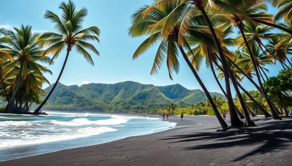 Picturesque Monterrico, Guatemala: A stunning black sand beach framed by towering palm trees swaying in the gentle breeze. In the foreground, crystal-clear waves lap against the dark volcanic shores, inviting beachgoers to dip their toes. The middle ground features sun-kissed locals and tourists strolling along the coastline, taking in the serene atmosphere. In the background, lush, verdant hills rise up, creating a dramatic and breathtaking backdrop. The scene is bathed in warm, golden sunlight, casting a tranquil and idyllic mood over the entire landscape. Capture the essence of this tropical paradise, a perfect destination for beach lovers seeking an unforgettable coastal experience in Guatemala.