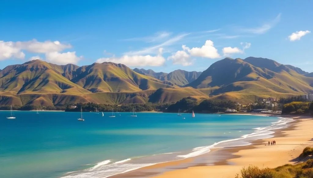 Picturesque beaches along the coastline of Picton, New Zealand, with turquoise waters lapping at the golden sand. Rugged, verdant hills rise in the background, creating a serene and picturesque landscape. Sailboats and kayaks dot the tranquil bays, while beachgoers stroll along the water's edge, taking in the breathtaking views. Warm sunlight filters through wispy clouds, casting a soft, golden glow over the scene. The atmosphere is one of relaxation and natural beauty, perfectly capturing the essence of the Marlborough Sounds region.