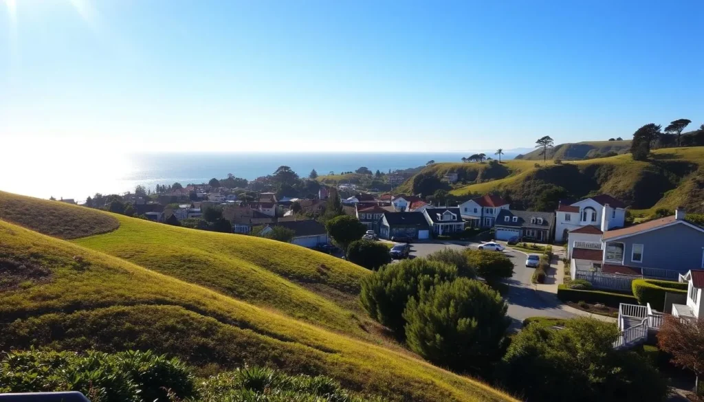 Picturesque coastal town of Carmel-by-the-Sea, California on a bright, sunny day. Rolling hills and lush greenery in the foreground, leading to a charming downtown with quaint cottages, art galleries, and boutiques. Bright, warm sunlight illuminates the scene, casting long shadows and highlighting the vibrant colors of the architecture. In the background, glimpses of the sparkling Pacific Ocean and rugged cliffs. A sense of tranquility and relaxation pervades the scene, inviting the viewer to explore the town's unique character and natural beauty.