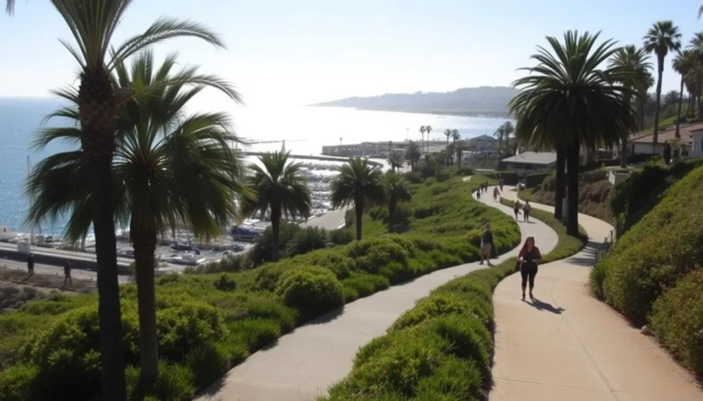 Picturesque seaside trail winding through lush coastal vegetation, with the azure waters of Dana Point Harbor glistening in the distance. Sunlight filters through swaying palm trees, casting gentle shadows on the well-maintained path. Joggers, walkers, and cyclists enjoy the scenic route, taking in the breathtaking vistas of the Pacific Ocean and the charming harbor-front architecture. The path meanders along the shoreline, offering ample opportunities to pause and admire the natural beauty of this idyllic California setting. Capture the serene, outdoor ambiance of this beloved local attraction.