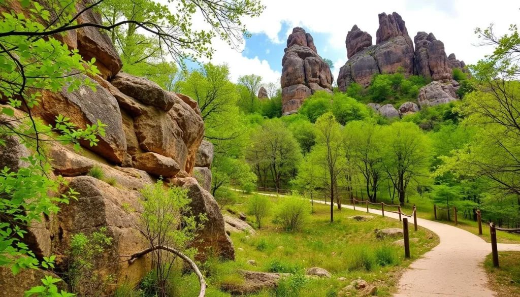 Pinnacles Youth Park Columbia Missouri with dramatic rock formations and hiking trail