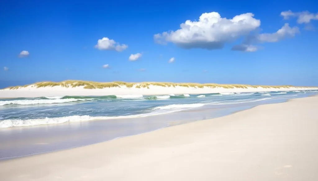 Pristine Fire Island beach with white sand and blue ocean waves Pristine Fire Island beach with white sand and blue ocean waves