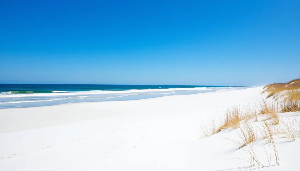 Pristine beach at Assateague Island National Seashore with dunes and ocean waves Pristine beach at Assateague Island National Seashore with dunes and ocean waves