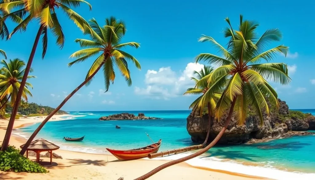 Pristine beach at Mirissa with palm trees and turquoise water in Sri Lanka