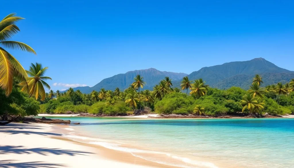 Pristine beach with palm trees in Tayrona National Park where mountains meet the Caribbean Sea, one of the best things to do in Colombia Pristine beach with palm trees in Tayrona National Park where mountains meet the Caribbean Sea, one of the best things to do in Colombia