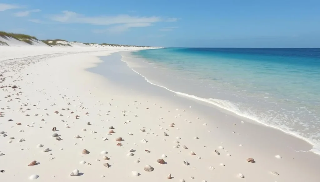 Pristine undeveloped beach on San José Island with seashells scattered along the shoreline