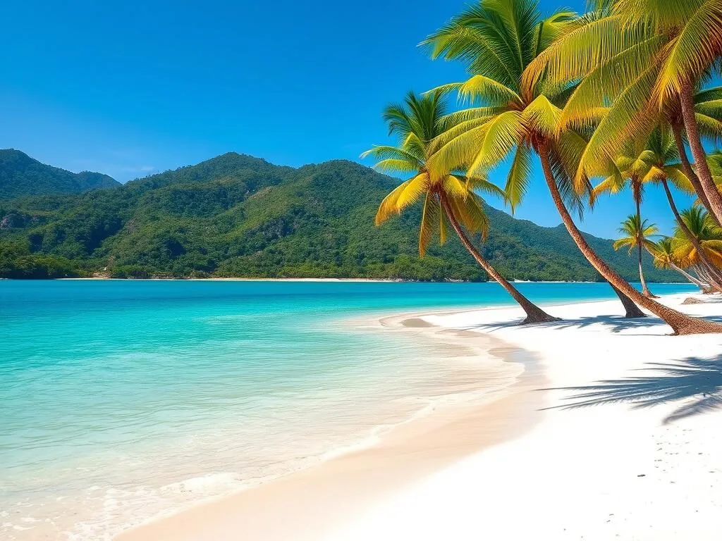 Pristine white sand and turquoise waters of River Number Two Beach in Sierra Leone with palm trees and mountains in background Pristine white sand and turquoise waters of River Number Two Beach in Sierra Leone with palm trees and mountains in background