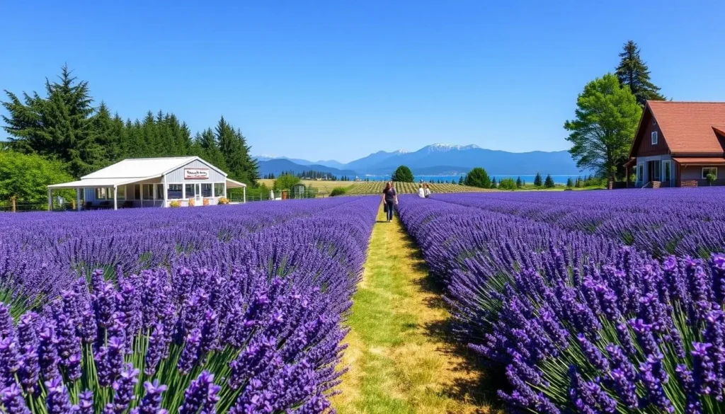 Purple lavender farm with visitors in Sequim Washington Purple lavender farm with visitors in Sequim Washington