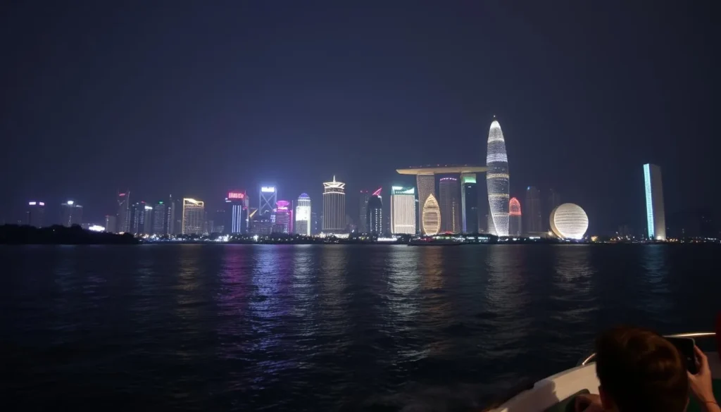 Qiantang River night cruise with Hangzhou's skyline illuminated in the background