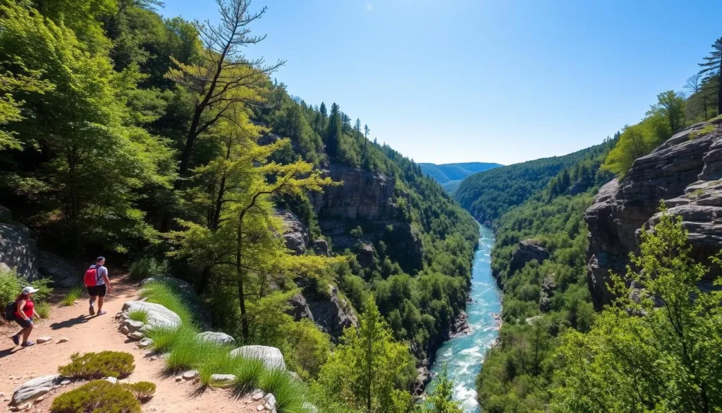 Quechee Gorge in summer with hikers on the trail and blue water below