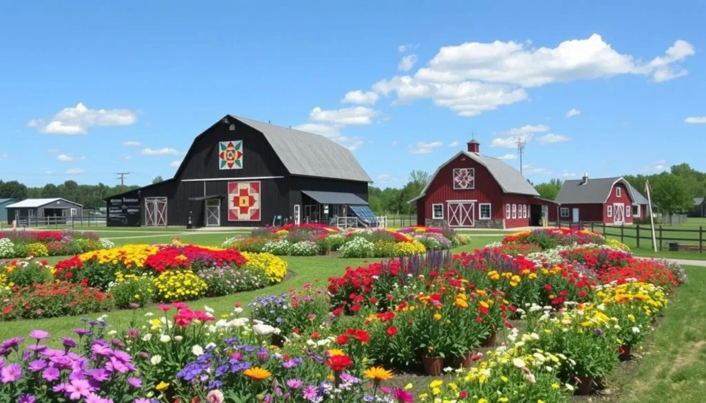 Quilt Gardens Trail in Shipshewana, Indiana, featuring vibrant flower gardens and barn quilts